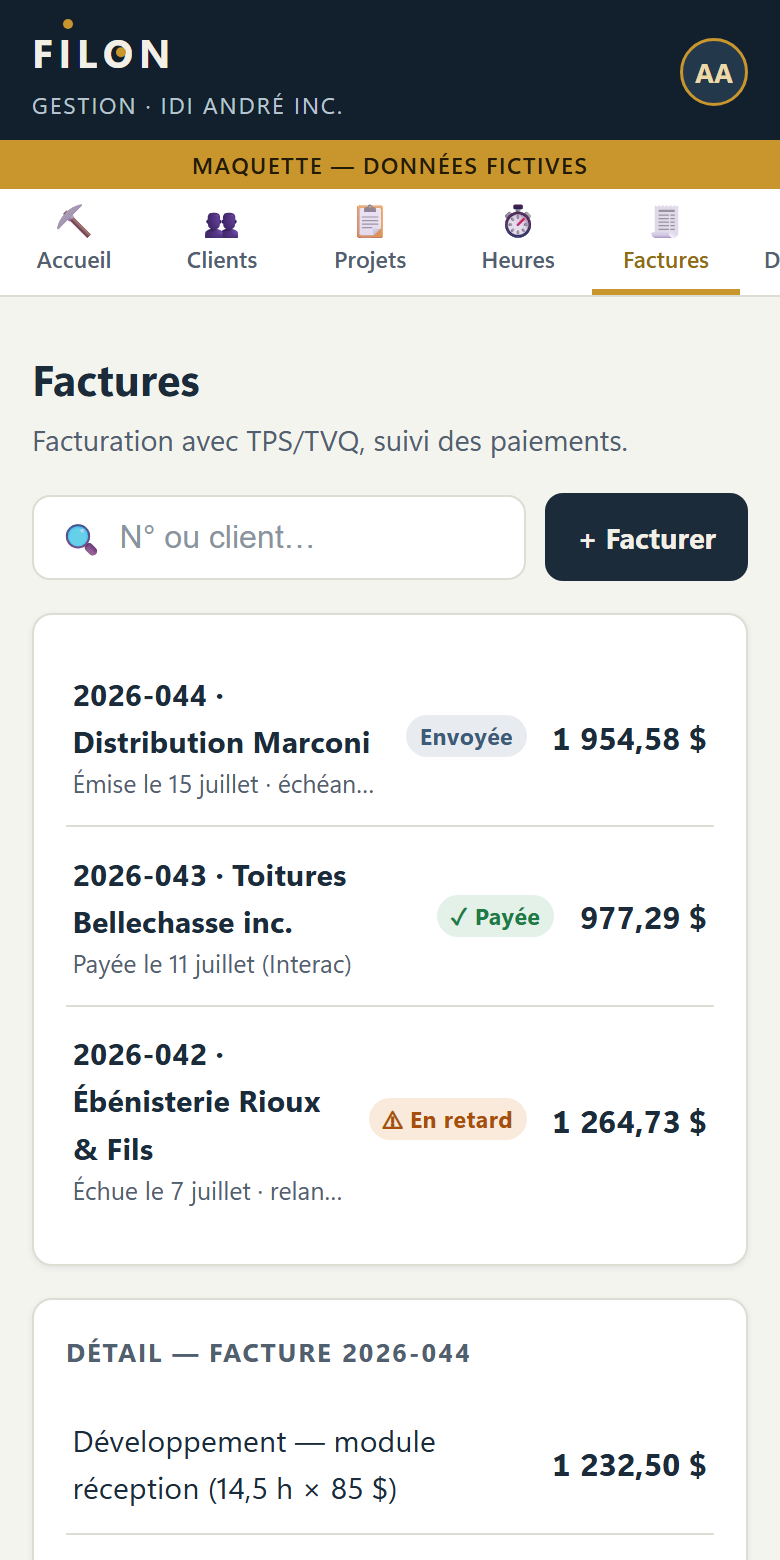 Écran factures : liste des factures avec statuts payée, envoyée et en retard, détail avec TPS et TVQ